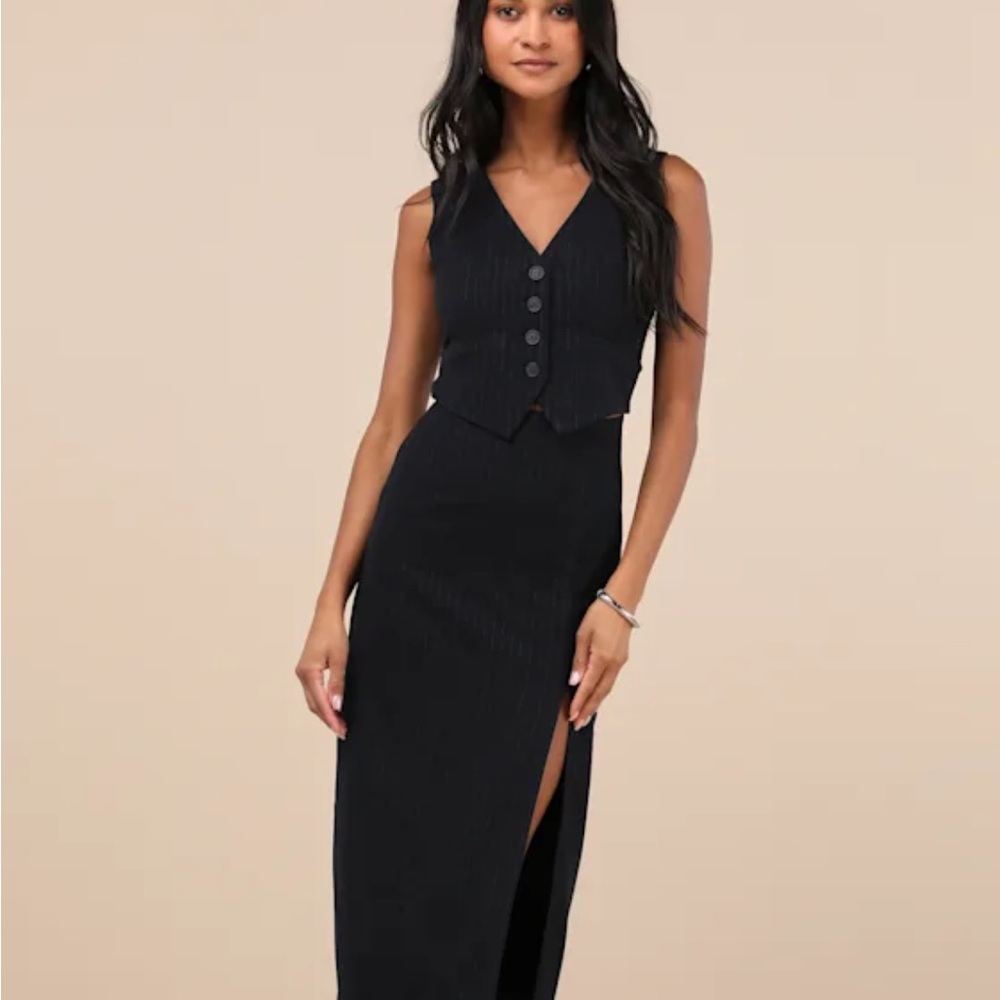 Lulus Navy Pinstriped Cutout Sleeveless Midi Dress with Slit